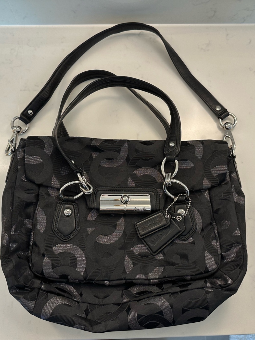 Authentic Coach Black Signature Shoulder Tote with Silver Hardware